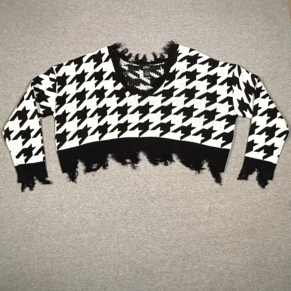 Just Polly New York Distressed Houndstooth Cropped Sweater Black White XL